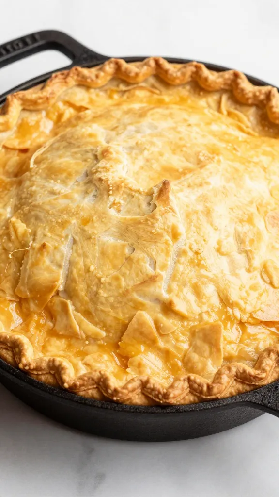 golden turkey pot pie with flaky crust on cast-iron skillet