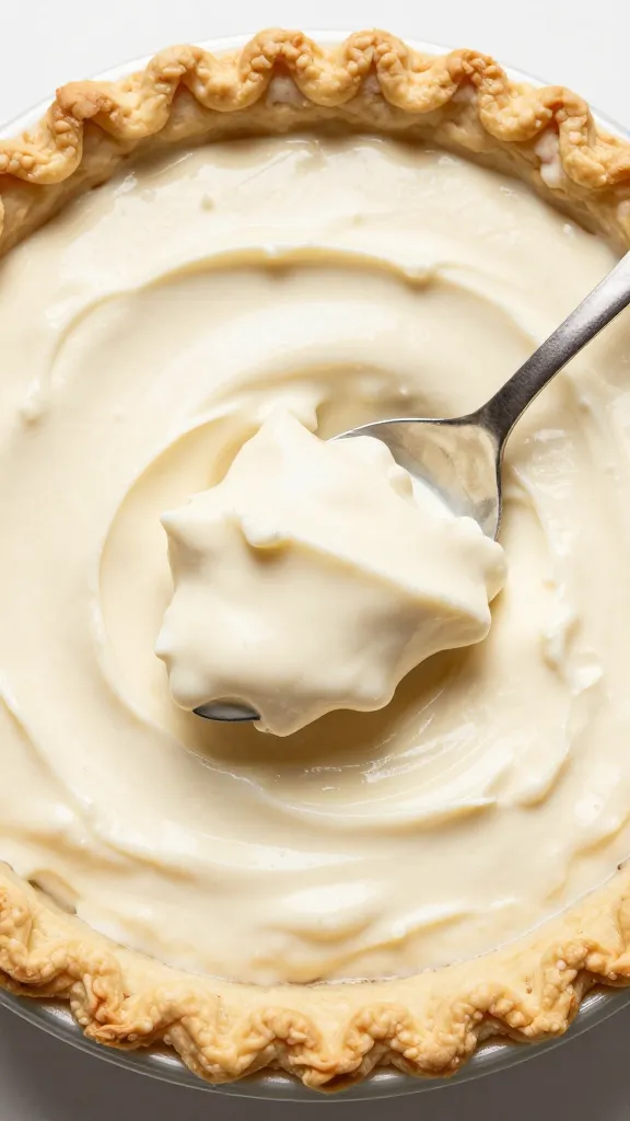 creamy turkey filling spooned into pie shell, overhead shot