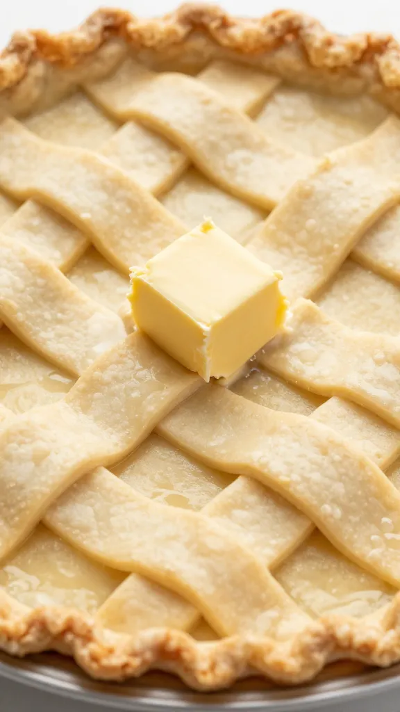 unbaked pie with lattice top, brushed with butter, close-up