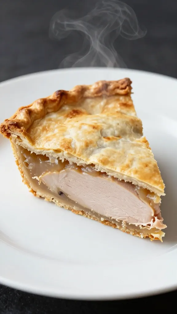 slice of turkey pot pie on white plate, steam visible