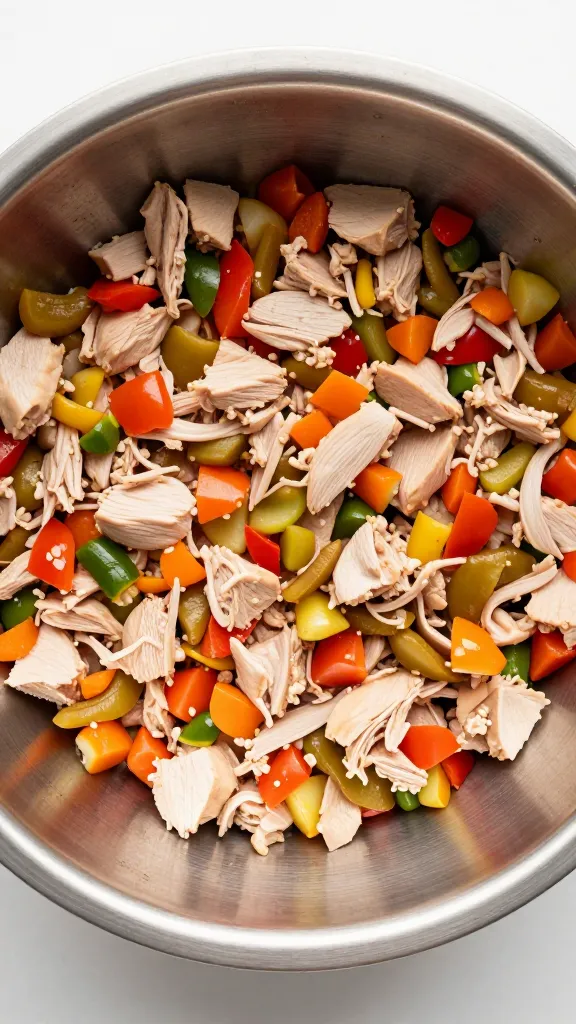 diced leftover turkey and mixed veggies in stainless bowl, overhead