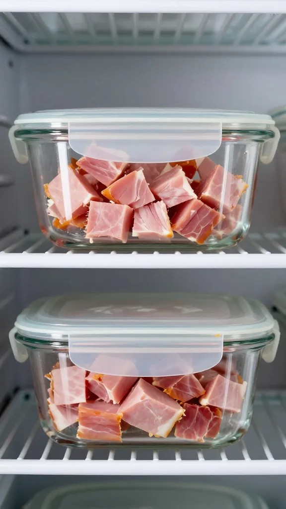 diced leftover ham in airtight glass container, fridge shelf