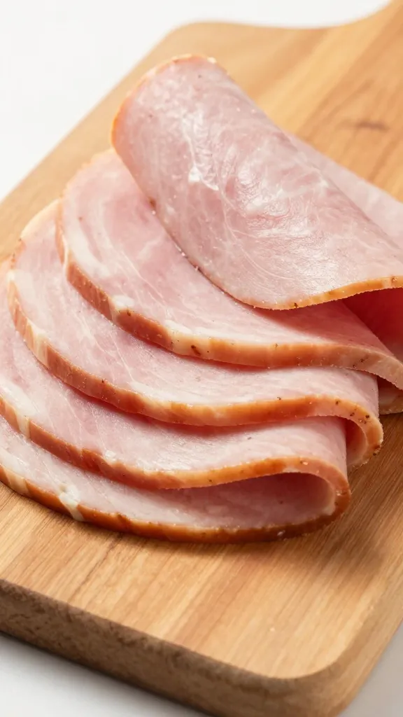 thin ham slices stacked for panini on wooden board