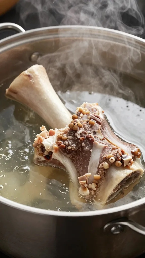 ham bone simmering in stockpot, steam rising