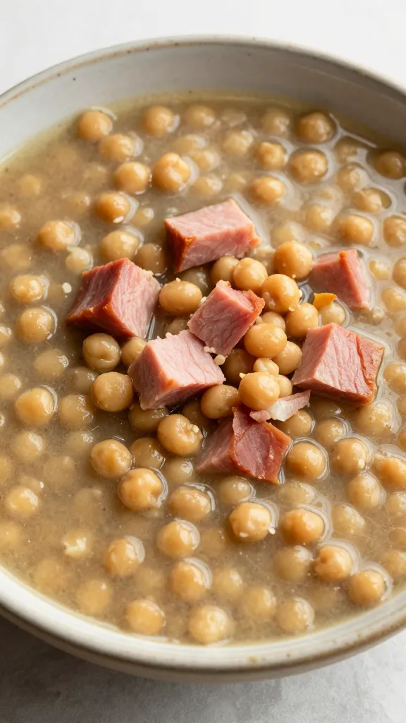 ham and pea soup with chunky ham pieces, rustic bowl