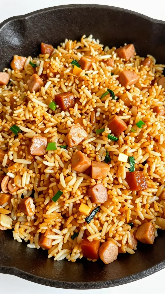 ham fried rice with small dice, cast-iron skillet
