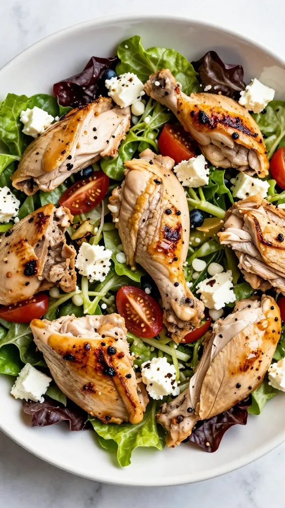 Leftover Rotisserie Chicken Meal Prep Ideas You’Ll Crave large chicken pieces over Mediterranean salad with feta