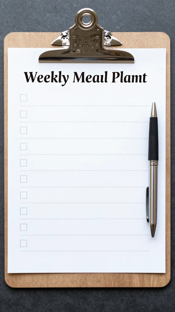 Weekly meal plan on clipboard with pen and grocery list