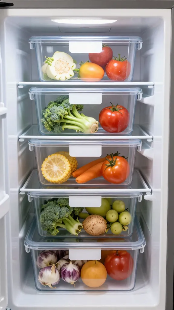 Open fridge with labeled leftovers in clear containers