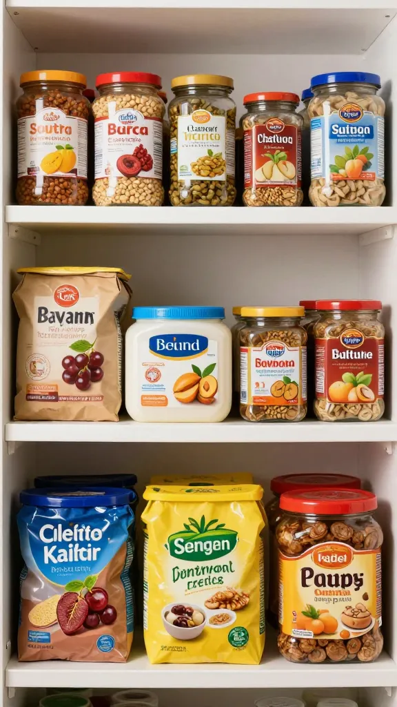 Budget-friendly pantry staples neatly arranged on shelf
