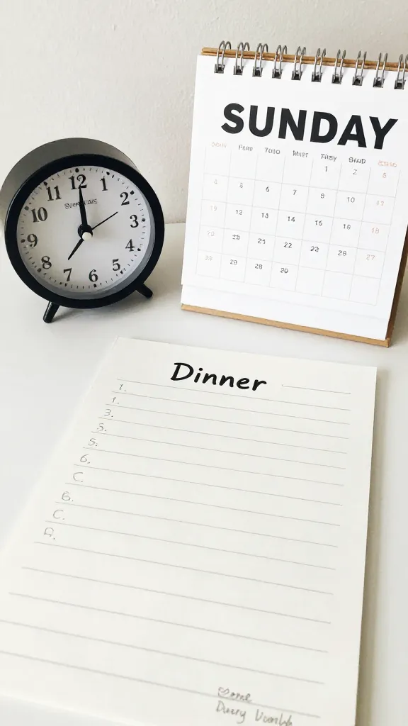 Sunday timer beside calendar and simple dinner plan