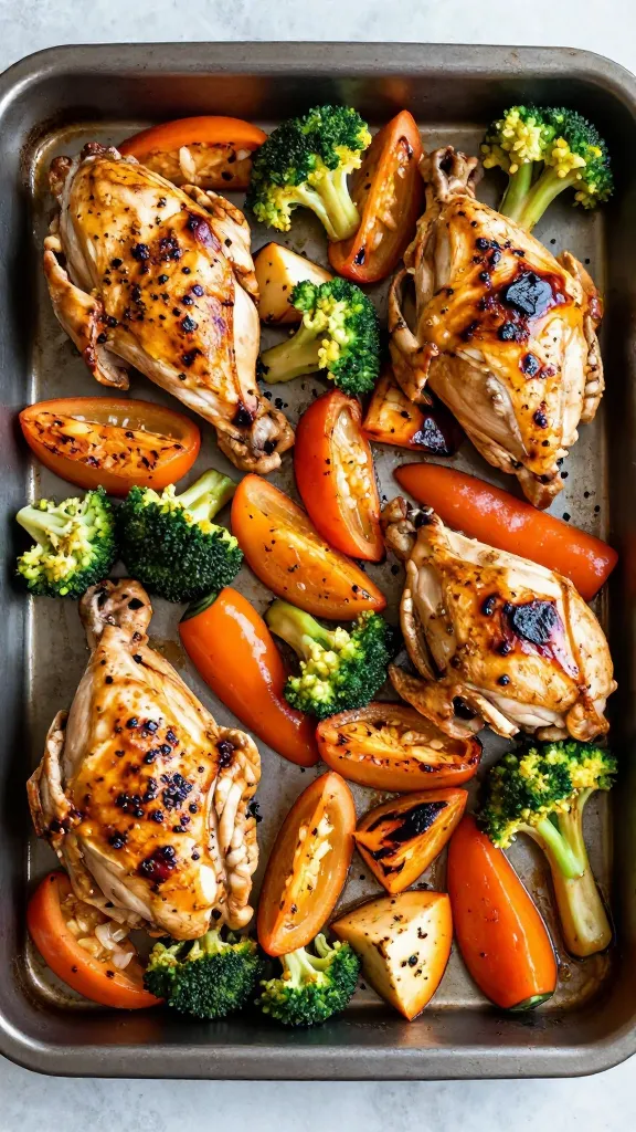 Sheet pan roasted vegetables and chicken on baking tray