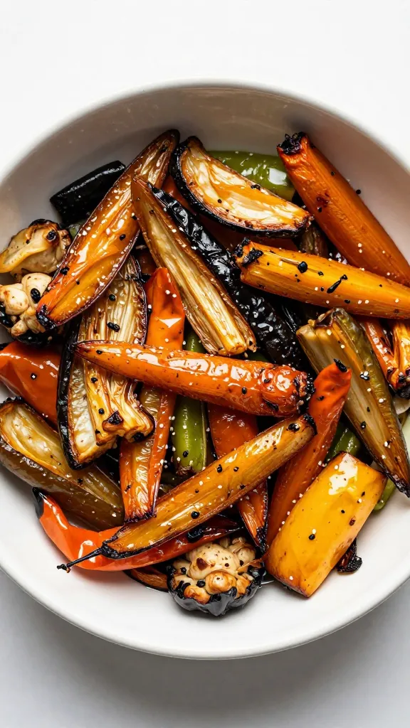 roasted mixed vegetables in ceramic bowl, overhead lighting