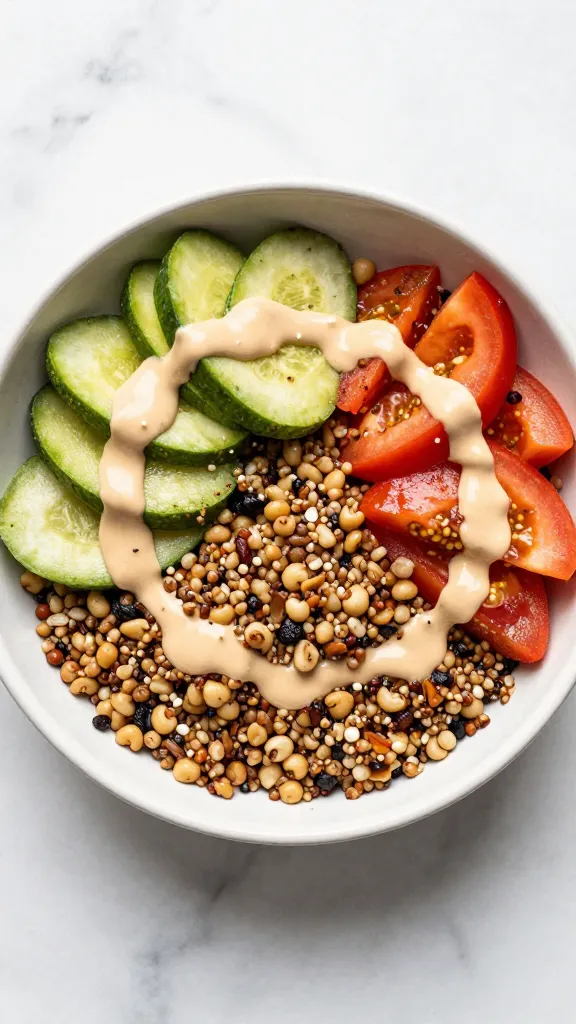 leftover veggie grain bowl with tahini drizzle, marble background