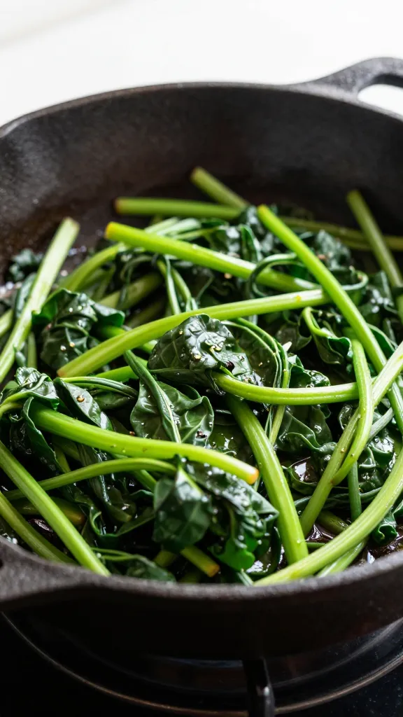 sautéed “mystery greens” in cast-iron skillet, side light
