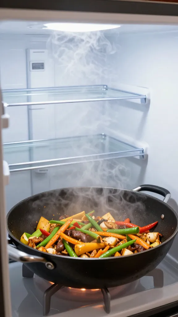 fridge clean-out stir-fry in wok, steam rising