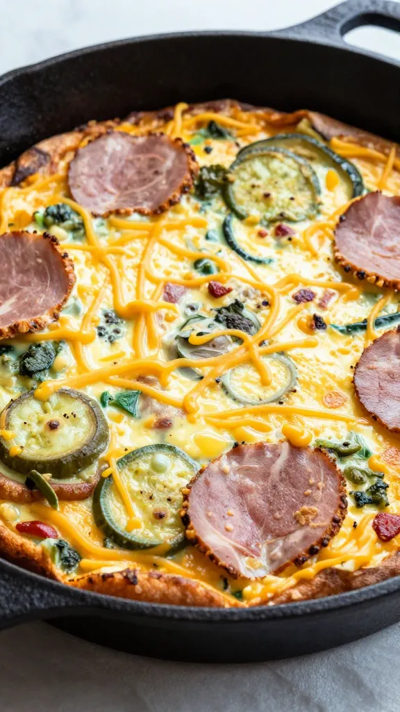 Ham, cheddar, and leftover veggies frittata in cast-iron
