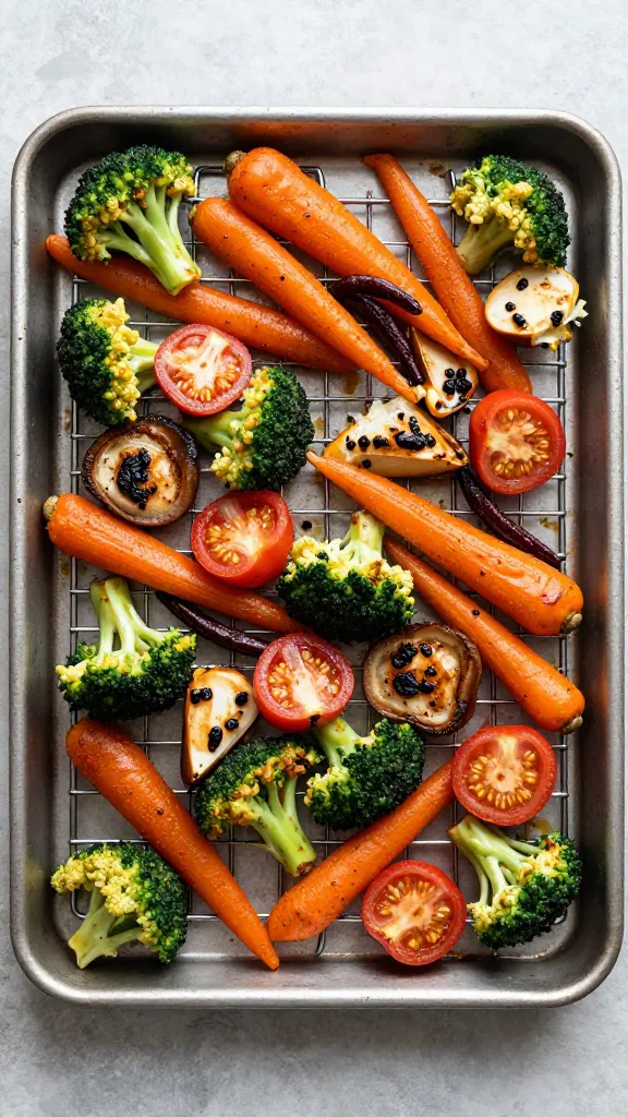 Sheet pan roasted veggies cooling on rack, overhead