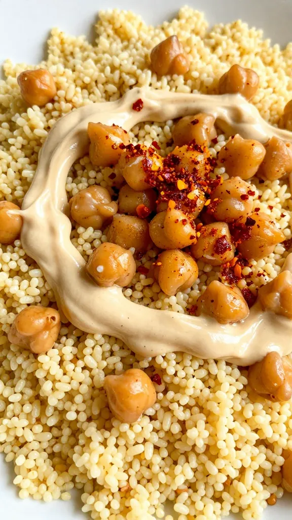 Couscous with tahini, smoked paprika, and chickpeas, close-up