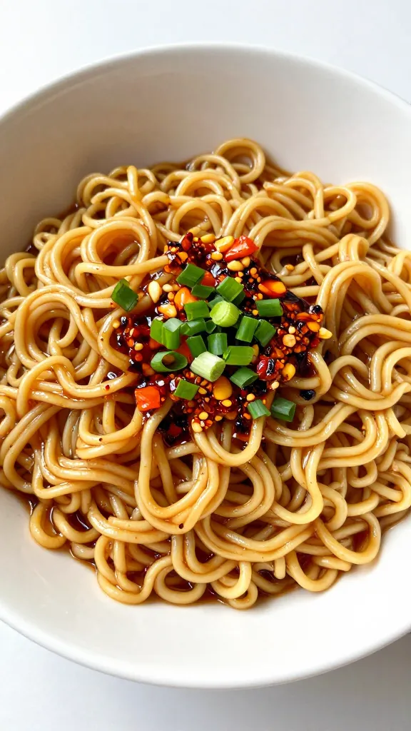 Ramen noodles with soy sauce, chili flakes, and scallions