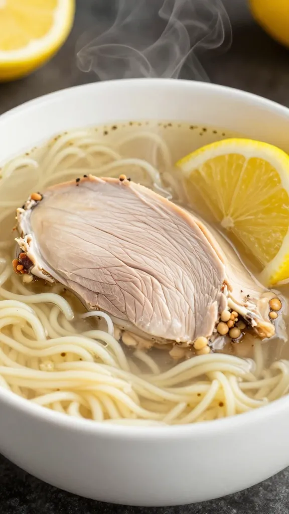 steaming turkey noodle soup in white bowl, lemon wedge