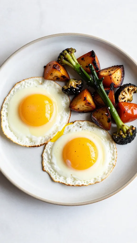 breakfast eggs with roasted veggies on ceramic plate