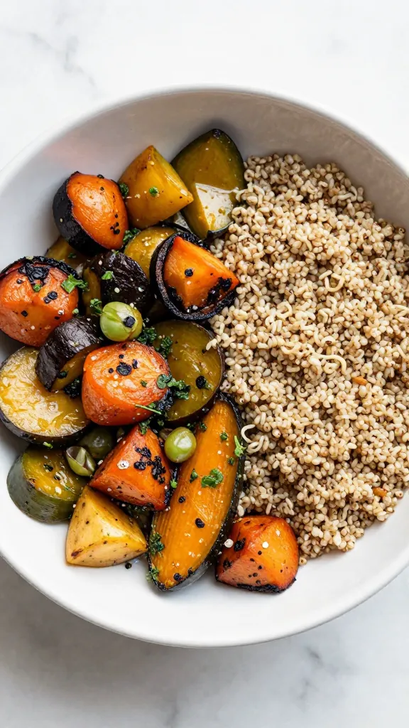 quinoa bowl with mixed roasted vegetables and herbs