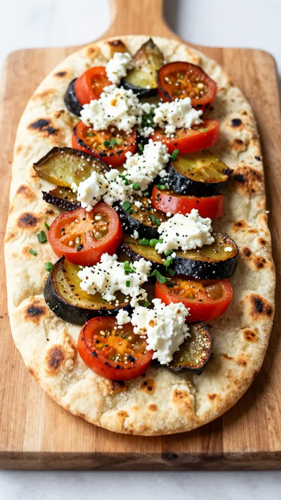 roasted vegetable flatbread with feta on wooden board