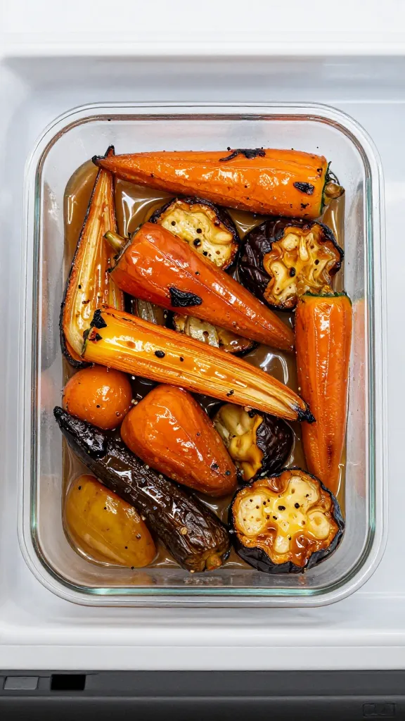 fridge container of caramelized roasted vegetables overhead shot