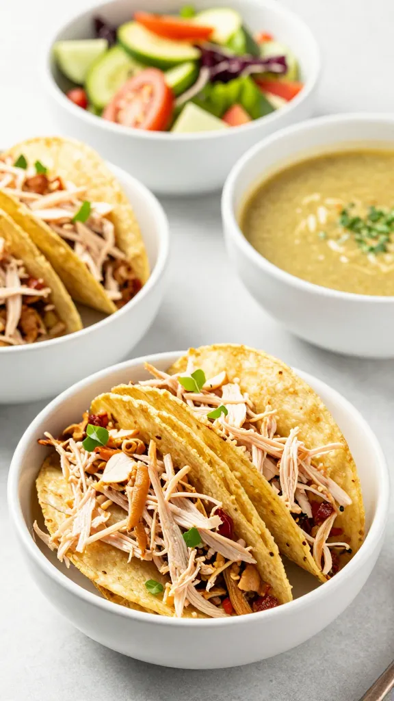 shredded turkey in bowls labeled for tacos, soups, salads