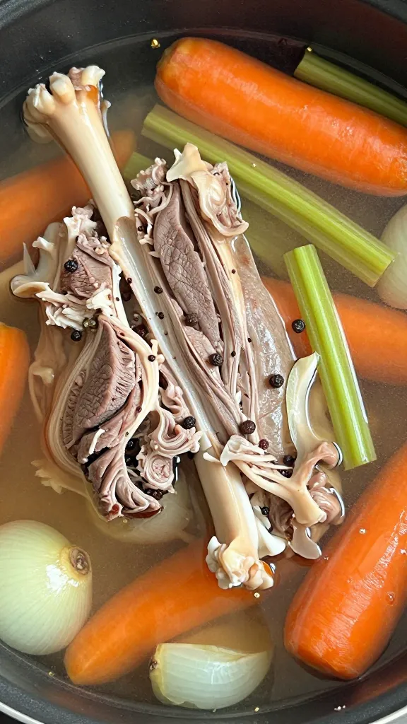 turkey carcass simmering with onion, celery, carrot, peppercorns