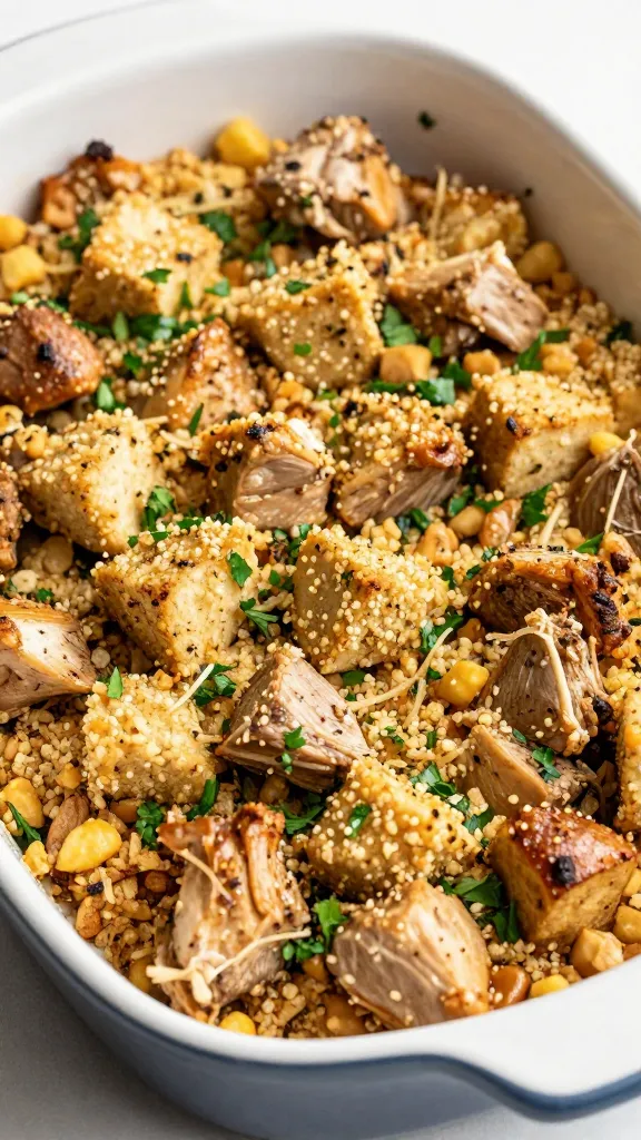 cubed turkey in casserole dish with breadcrumbs, parsley
