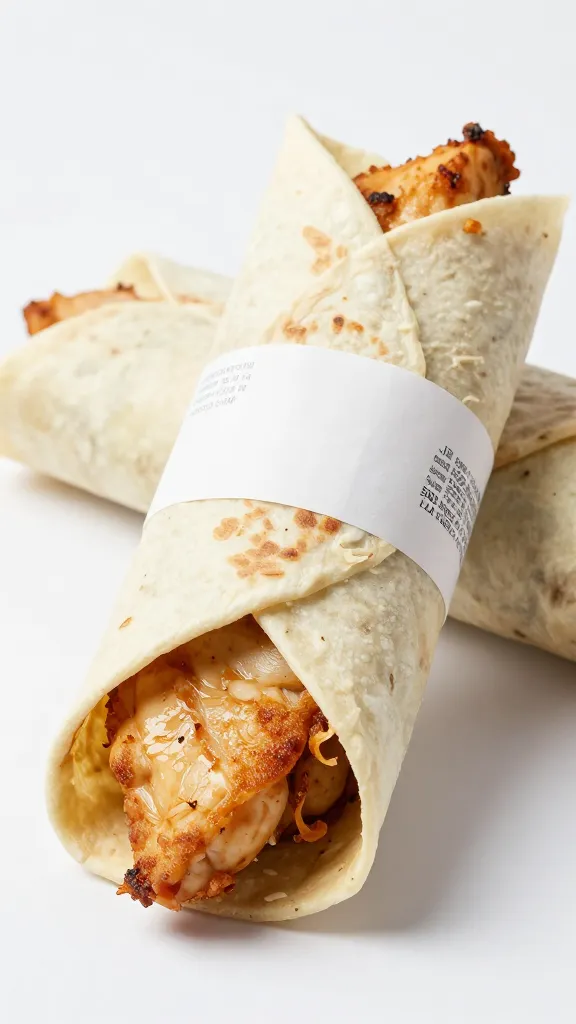 Chicken burritos wrapped and frozen, date labels visible