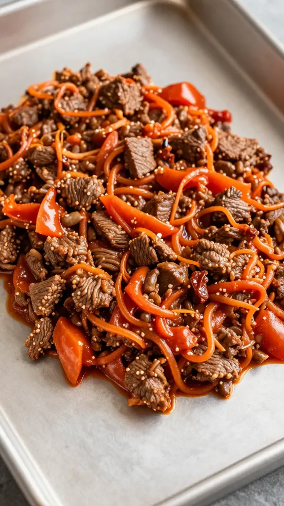 Beef bolognese in quart bags, flat frozen on sheet pan