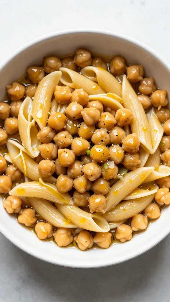 canned chickpea pasta with garlic oil, overhead shot