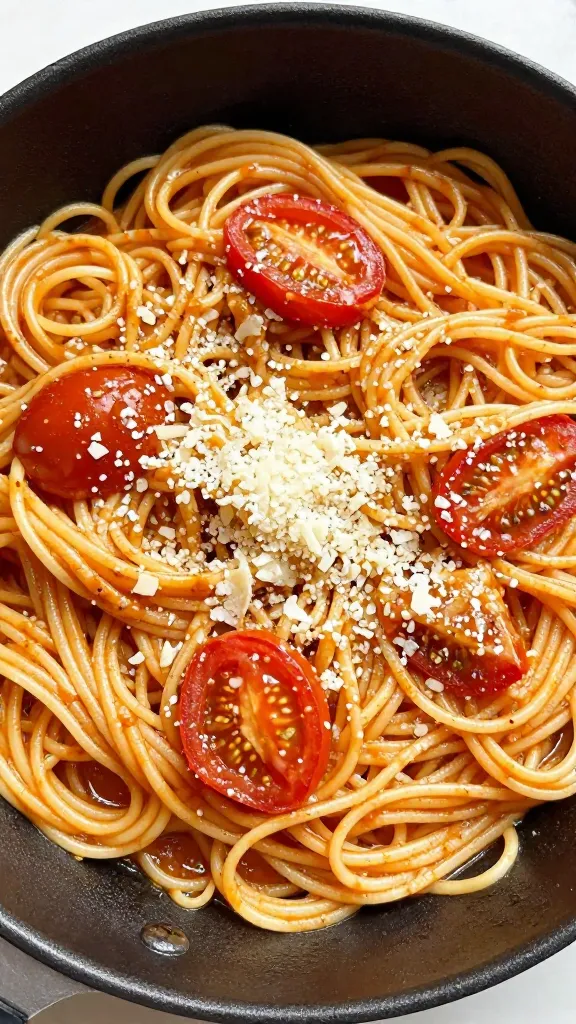 tomato butter spaghetti in skillet, parmesan sprinkle