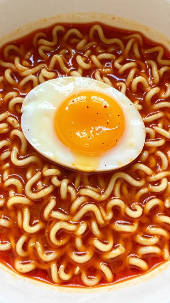 instant ramen with chili oil and soft egg, close-up