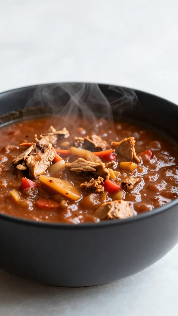 leftover turkey chili in matte black bowl, steam rising