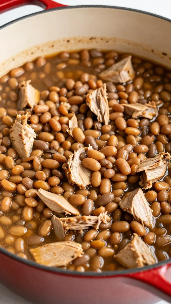 diced turkey and beans simmering in red dutch oven