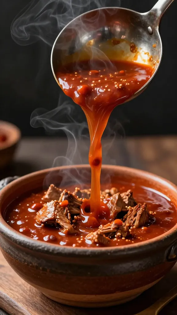ladle pouring smoky turkey chili into rustic ceramic bowl