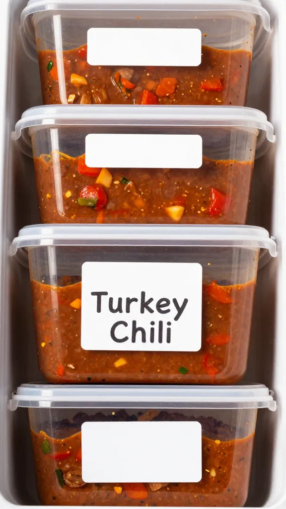 labeled freezer containers filled with turkey chili, overhead shot