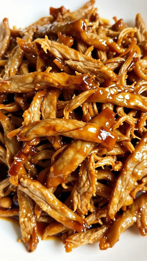 Shredded pork roast tossed in glossy sauce, close-up