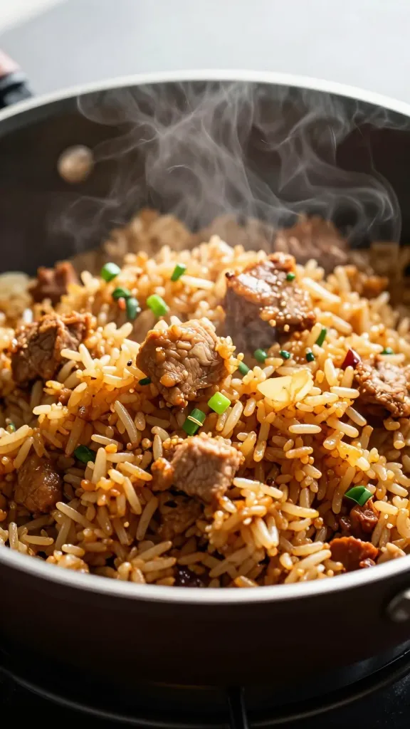 Pork roast fried rice in black skillet, steam rising