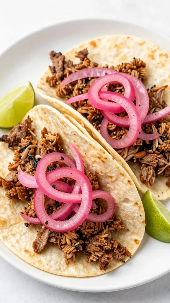 Pork tacos with pickled onions and lime, overhead