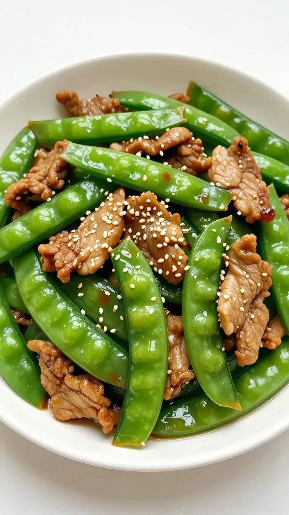 Leftover pork stir-fry with snap peas, sesame garnish