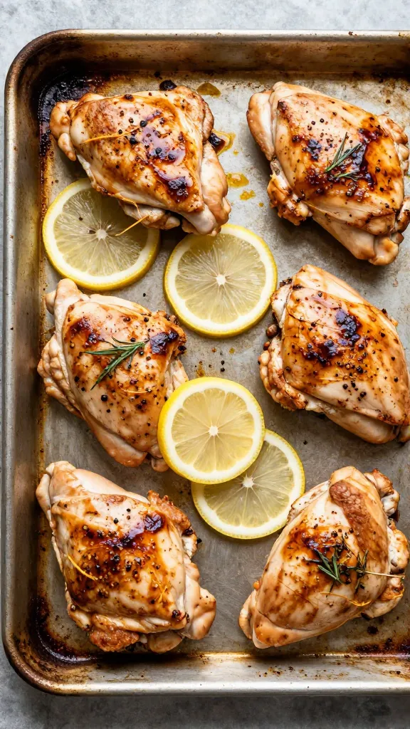 one-pan lemon chicken thighs on rustic baking tray