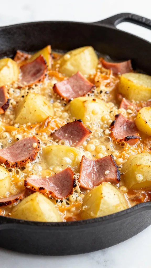 bubbling ham and potato casserole in cast-iron skillet