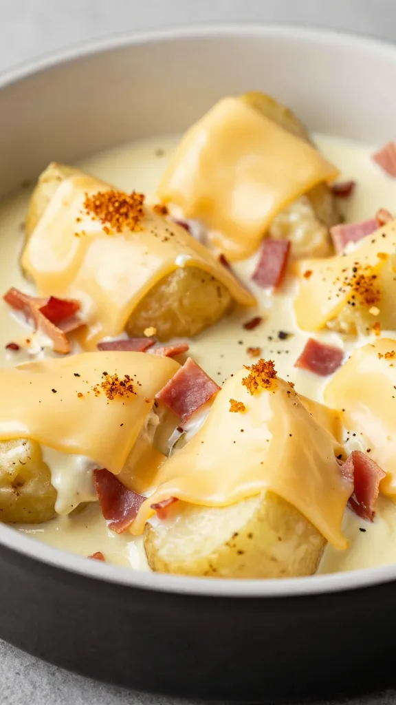 creamy sliced potatoes with ham and cheese, golden top