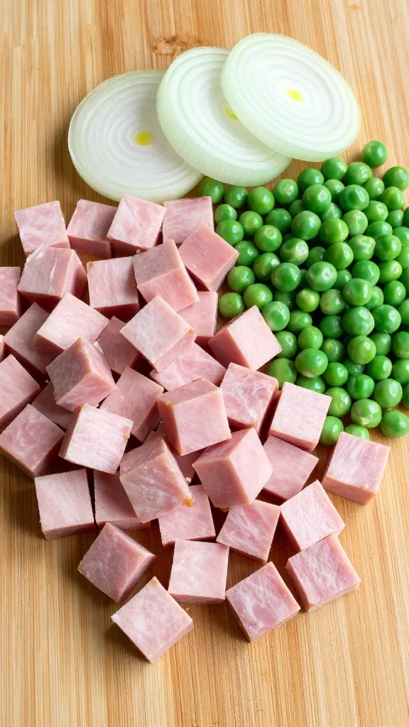 leftover ham cubes, onion, and peas on cutting board