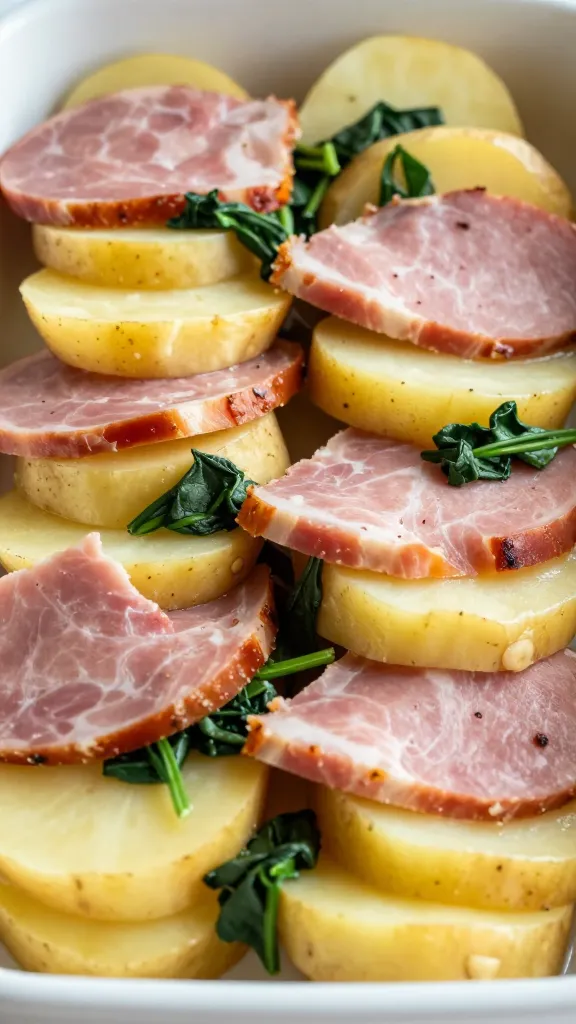 casserole prep: sliced potatoes layered with ham and spinach